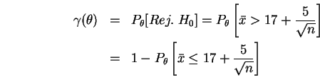 \begin{eqnarray}\html{eqn1}
\gamma(\theta) &=& P_{\theta}[Rej.\; H_0] = P_{\the...
...1 - P_{\theta}\left[\bar{x} \leq 17 + \frac{5}{\sqrt{n}}\right]
\end{eqnarray}
