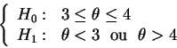 \begin{displaymath}\left\{
\begin{array}{ll}
H_0: & 3 \leq \theta \leq 4 \\
...
...\theta < 3 \; \mbox{ ou } \; \theta > 4
\end{array} \right . \end{displaymath}