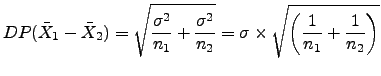 $\displaystyle DP(\bar{X}_1-\bar{X}_2)=\sqrt{\frac{\sigma^2}{n_1}+\frac{\sigma^2}{n_2}}=\sigma \times \sqrt{\left(\frac{1}{n_1}+\frac{1}{n_2}\right)}$