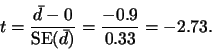 \begin{displaymath}
t = \frac{\bar{d}-0}{\mbox{SE}(\bar{d})} = \frac{-0.9}{0.33} =
-2.73.
\end{displaymath}